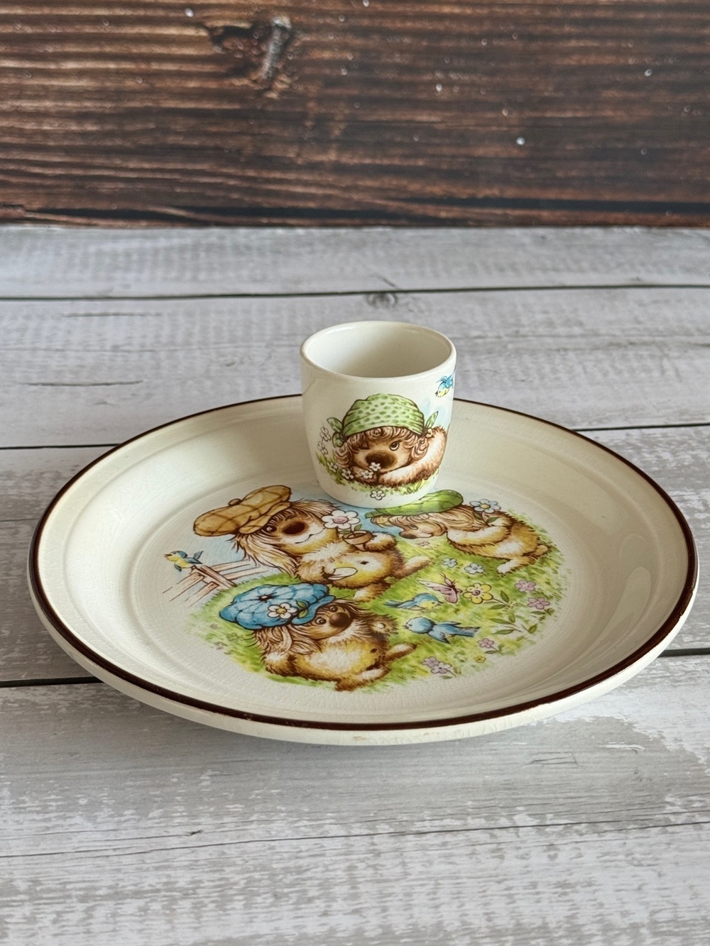 Vintage Woofits by Barratts of Staffordshire Children’s Plate and Egg Cup Set